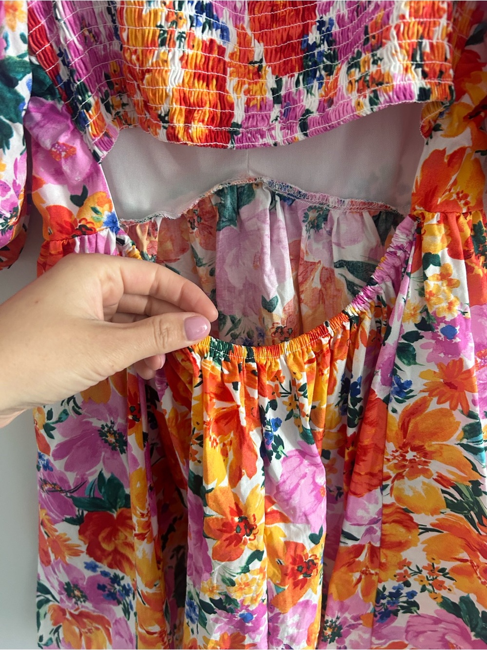 Altar'd State Floral puff sleeve cut out back cotton blend Mini Dress - Picture 9 of 10